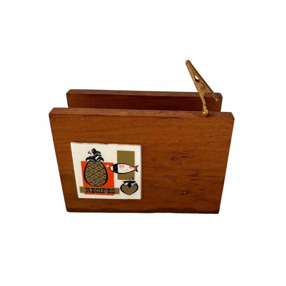 VTG 60s MCM Recipe Card Holder + Clip Wood Ceramic Tile Fruit Fish Graphic Retro